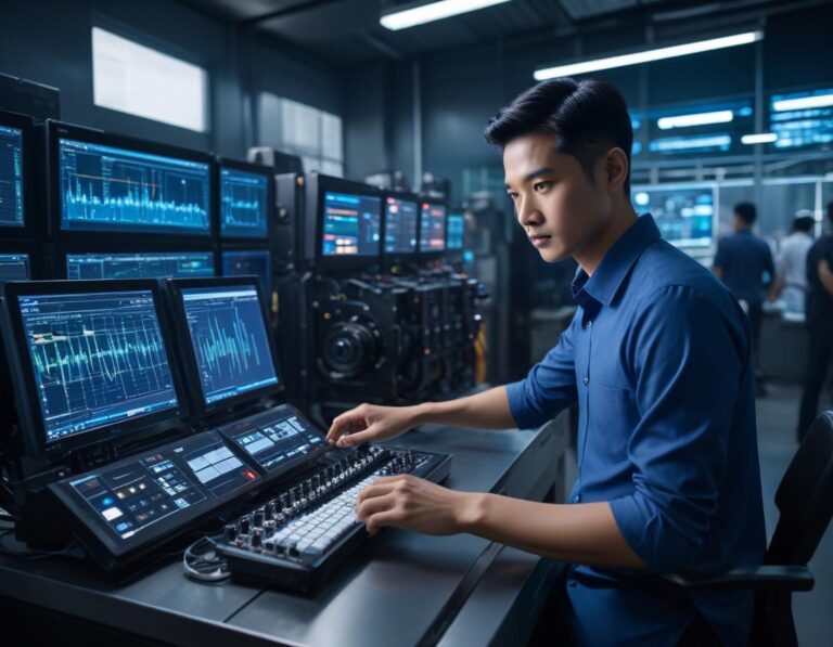 ห้องควบคุมอัจฉริยะ แสดง แขนหุ่นยนต์ คู่ พร้อม สายพาน AI และ แดชบอร์ด โฮโลกราฟิก ผู้บริหาร วิเคราะห์ ข้อมูล